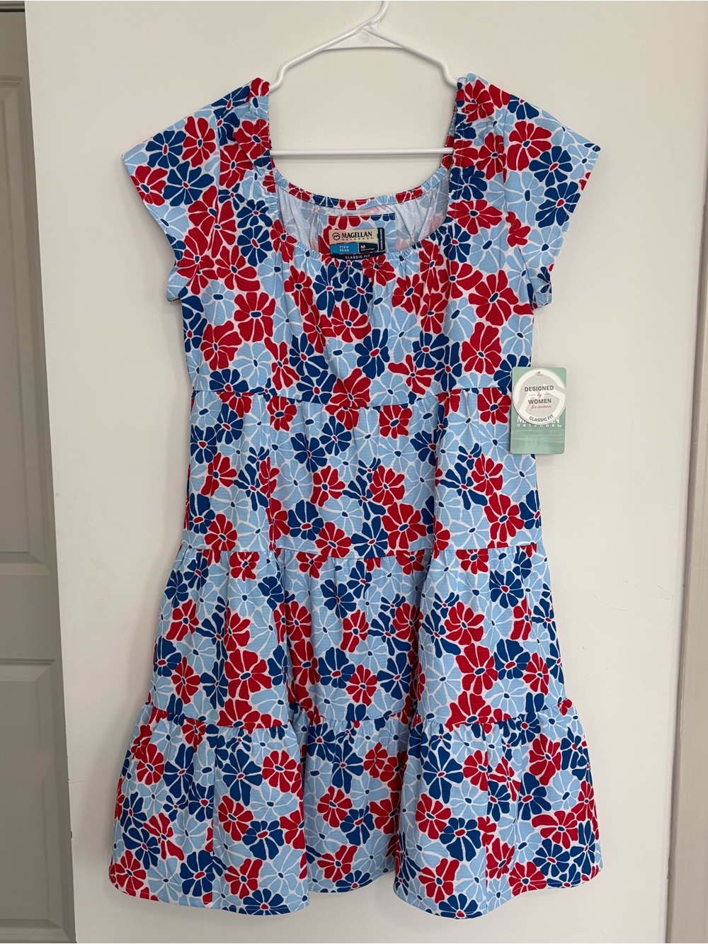 Magellan Outdoors Light Blue Dress with Red & Navy Floral Print